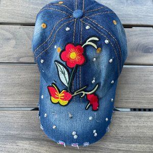 Denim Flower Embroidered Hat with Rhinestone - Adjustable hat - Unisex